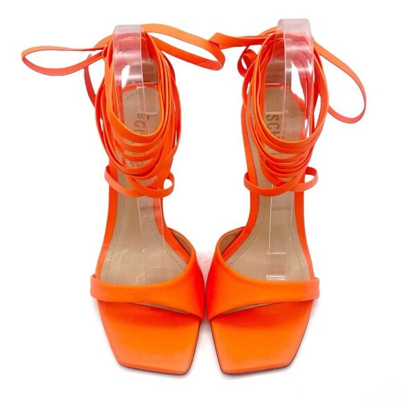 NEW Schutz Bryce Leather Stiletto Sandals Neon Orange Lace-Up Sandals Size 7 - Picture 5 of 16
